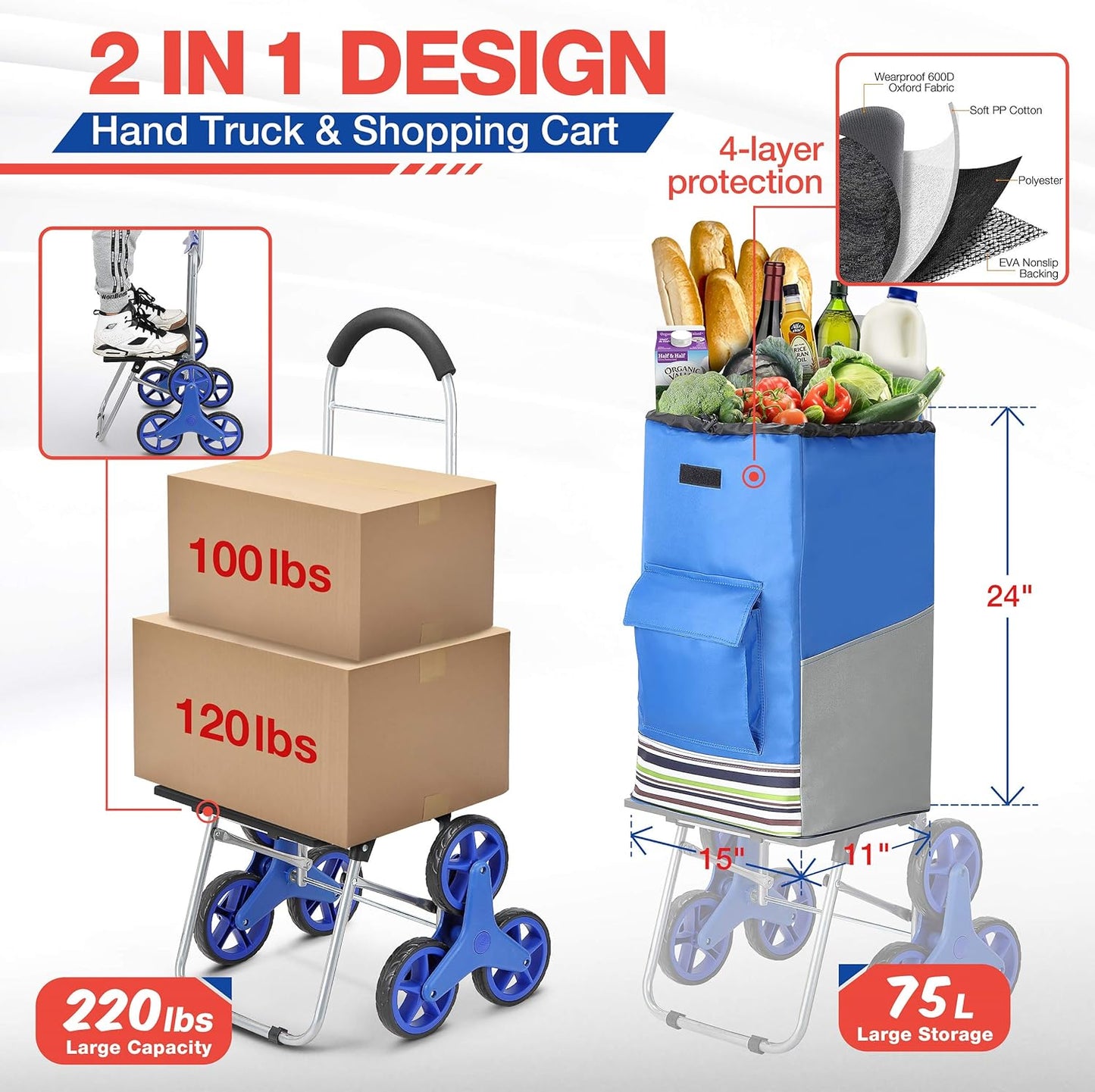 Shopping Cart, Super Loading Stair Climber Cart 220 lbs Capacity Grocery Foldable Cart with Extra Large Shopping Bag Laundry Utility Cart with Adjustable Bungee Cord