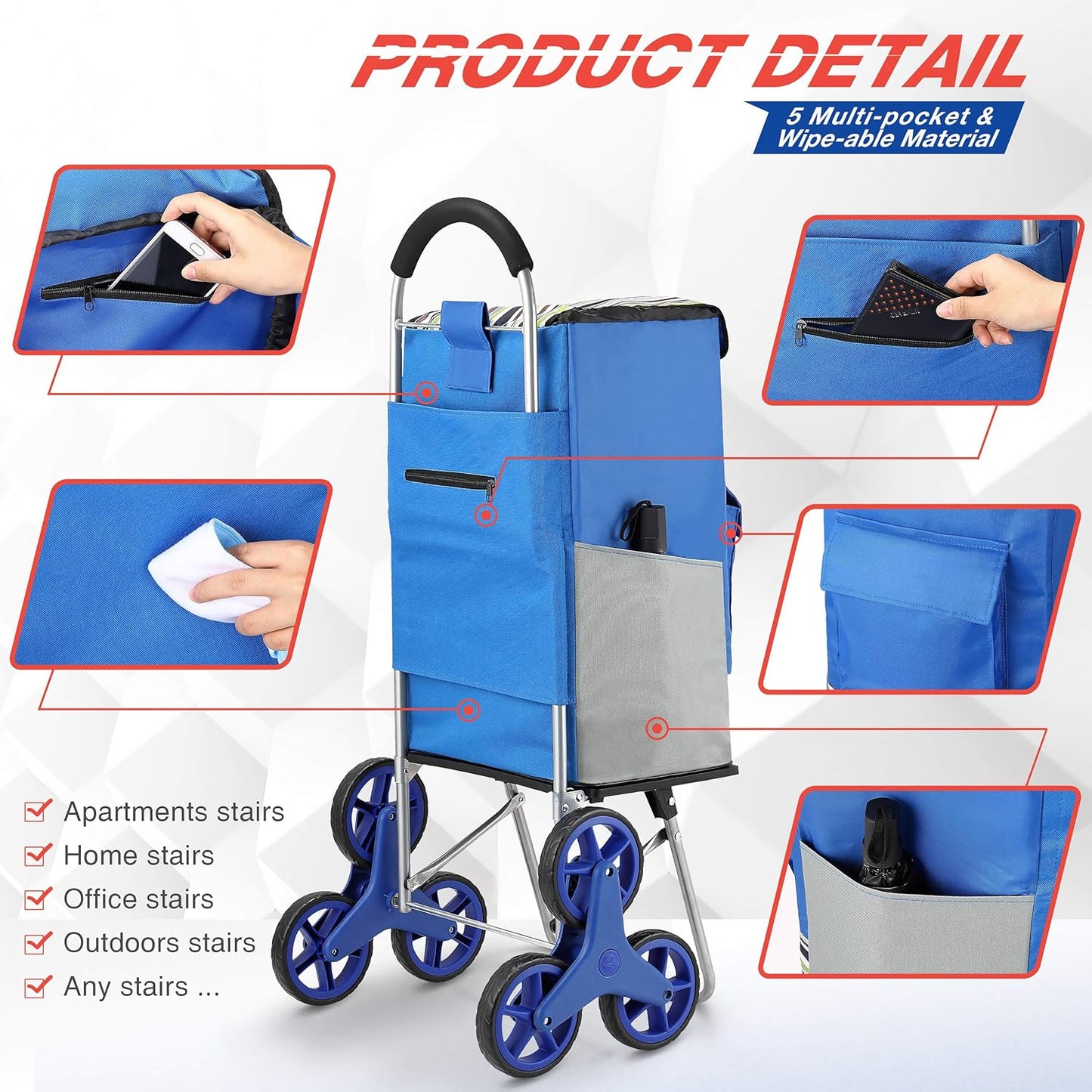 Shopping Cart, Super Loading Stair Climber Cart 220 lbs Capacity Grocery Foldable Cart with Extra Large Shopping Bag Laundry Utility Cart with Adjustable Bungee Cord