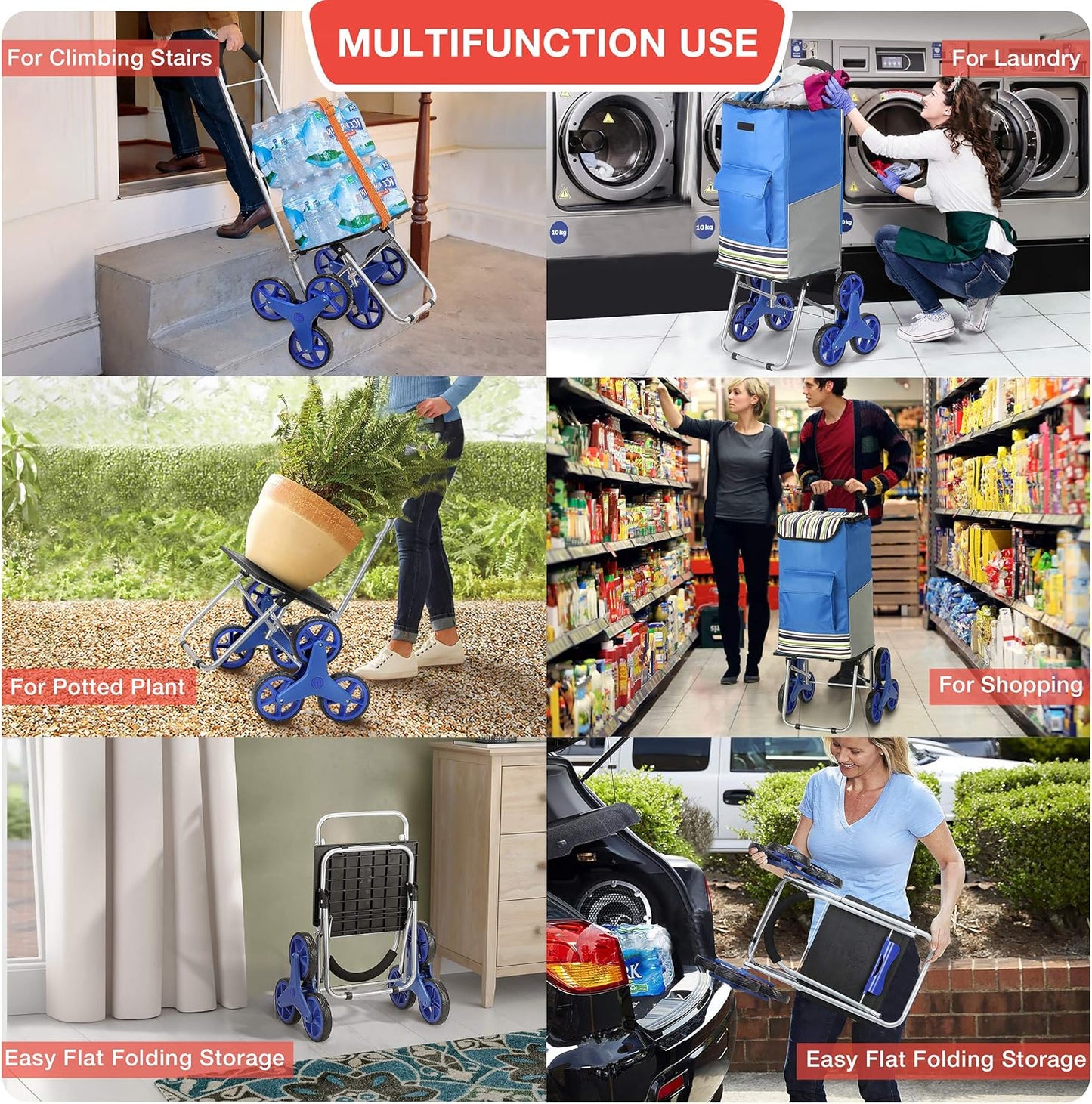 Shopping Cart, Super Loading Stair Climber Cart 220 lbs Capacity Grocery Foldable Cart with Extra Large Shopping Bag Laundry Utility Cart with Adjustable Bungee Cord