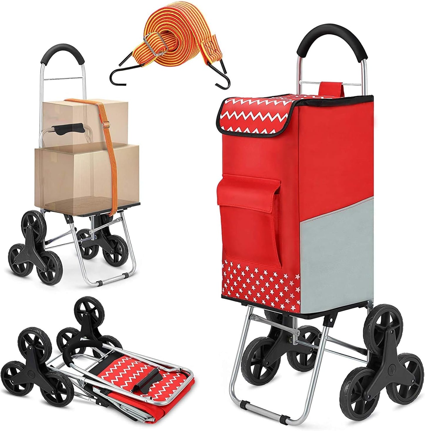 Shopping Cart, Super Loading Stair Climber Cart 220 lbs Capacity Grocery Foldable Cart with Extra Large Shopping Bag Laundry Utility Cart with Adjustable Bungee Cord